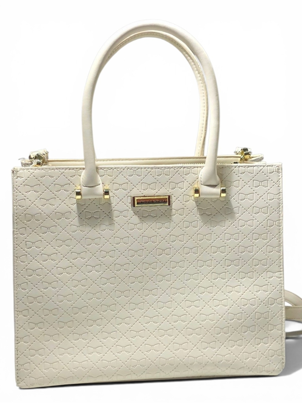Tahari Cream Embossed Bow Monogram Structured Tote Bag | Gold Hardware | Crossbo
